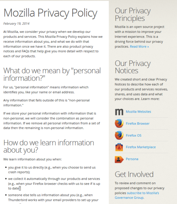 Our new privacy hub layout features our Privacy Policy on the center of the page and lists our Product Privacy Notices along the right.  