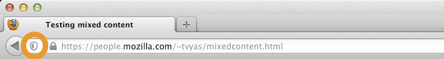 Image: A small shield icon is shown before the web page address in the location bar when Firefox has blocked Mixed Active Content.