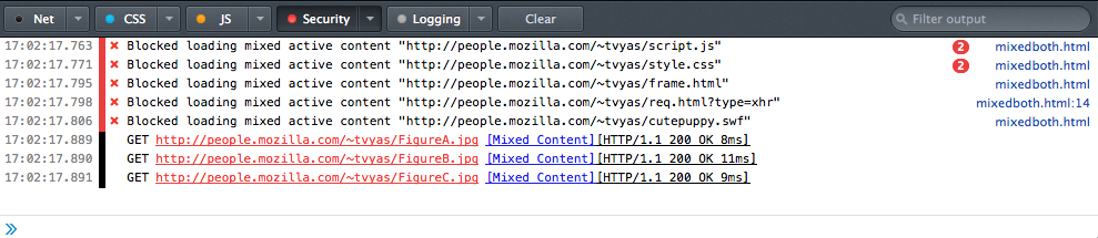 Image: The Web Console lists the Mixed Display Content that's loaded and the Mixed Active Content that's blocked.