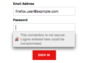 Login form with Username and Password field; Password field shows warning