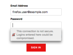 Login form with Username and Password field; Password field shows warning