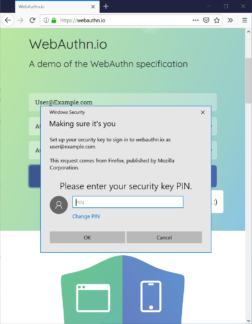 A Windows 10 dialog box prompting for a Web Authentication credential