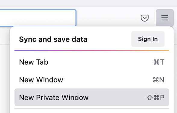 Screenshot of the application menu with New Private Window selected.