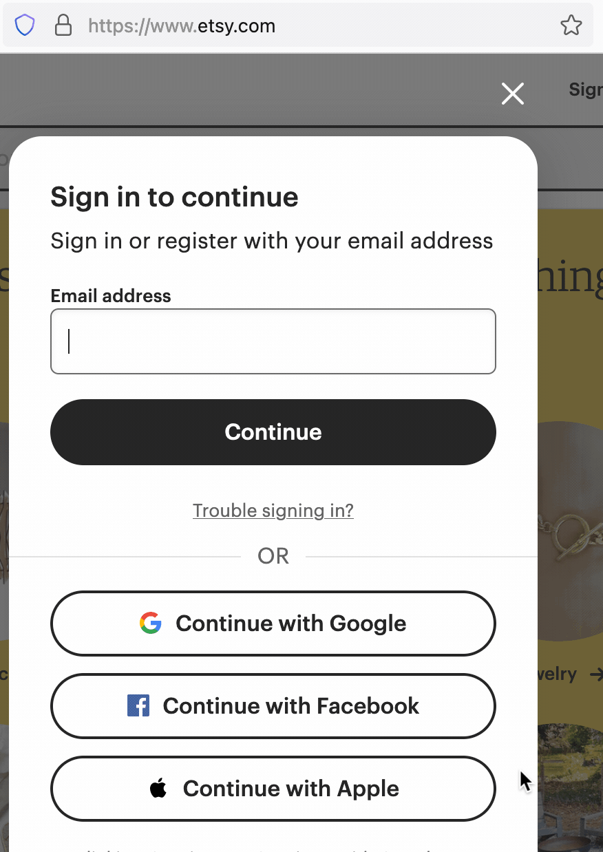 Etsy Sign In forrm using "Continue with Facebook"