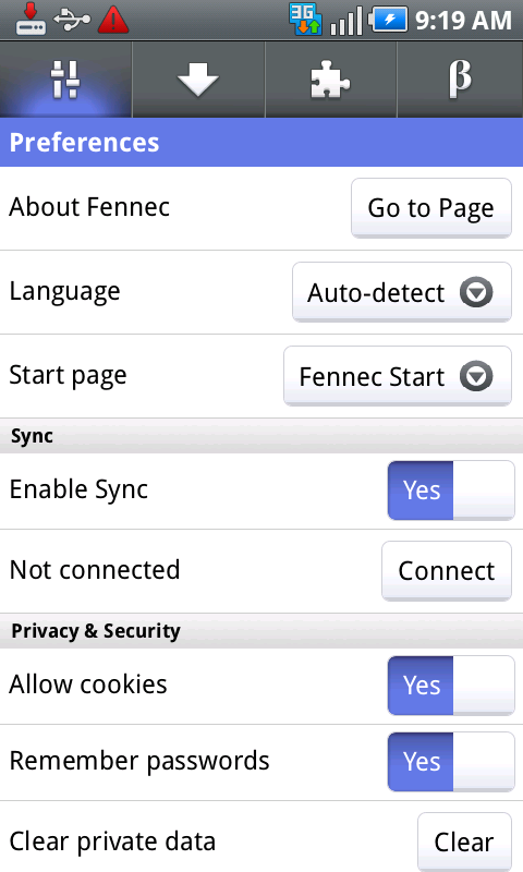 Sync Mobile Preferences Dialog