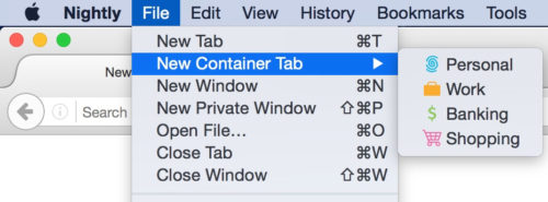 Use the File Menu to access New Container Tab, then choose between Personal, Work, Banking, and Shopping.