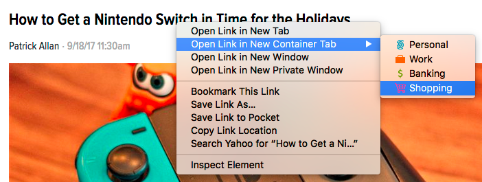 Right click to open context menu and select which container you want to open the link in