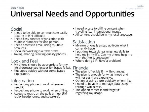 Universal needs and Opportunities across user groups