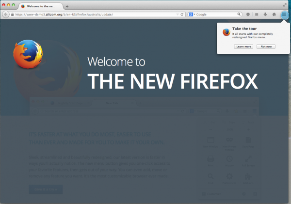 The web page users see when they update Firefox