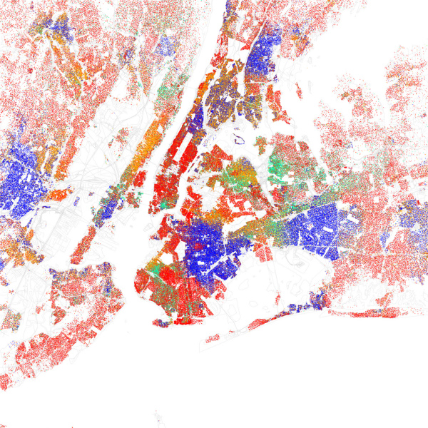 This is a map of New York City based purely on the ethnicity of residents. Red is White, Blue is Black, Green is Asian, Orange is Hispanic, Yellow is Other, and each dot is 25 residents. Of course, there are historical and cultural reasons for the clustering, but these factors are part of the overall social dynamic. https://www.flickr.com/photos/walkingsf/