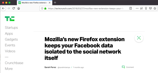 Screenshot of an article with the heading "Mozilla's new Firefox extension keeps your Facebook data isolated to the social network itself"