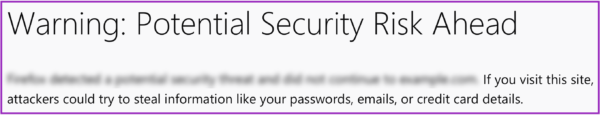 The heading, "Warning: Potential Security Risk Ahead" sits on top of a line of blurred out body copy. The second line reads, "If you visit this site, attackers could try to steal information like your passwords, emails, or credit card details." The entire example is outlined in purple.