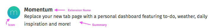 Example extension content: A green circular icon with the letter 'M' sits next to the extension's name, "Momentum." Beneath this is a sentence summary: "Replace your new tab with a personal dashboard featuring to-do, weather, daily inspiration, and more!"