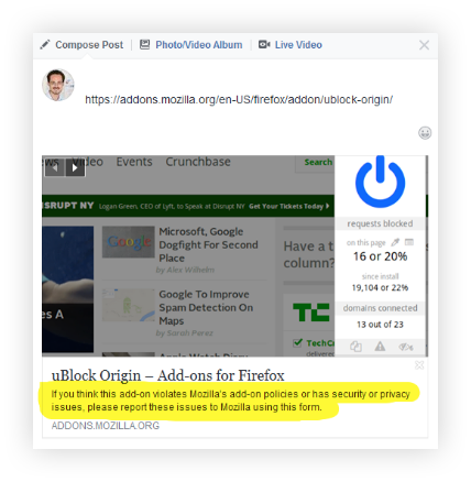 Screenshot of a Facebook social share example of an extension named "uBlock origin." There is a random image from the extension containing some small square photos, with stats about "requests blocked." Beneath this, the title "uBlock Origin - Add-ons for Firefox" with the body copy, "If you think this add-on violates Mozilla's add-on policies or has security of privacy issues, please report these issues to Mozilla using this form."