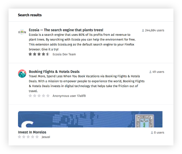Screenshot of search results in the add-ons website for the query, "Investing." Search results include, "Ecosia - The search engine that plants trees! extension," "Booking Flights & Hotel Deals" extension, and then the theme, "Invest in Morelos."