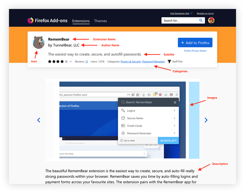 Screenshot of a redesigned extension product page for the extension, "Remembear.". It has a black border across the top with the Firefox logo. Below this, set against a vibrant orange banner, is the extension card, which includes basic information about the extension like its name, author, subtitle, star ratings, etcetera. There is a blue button to add the extension, and beneath this large screenshots and the first section of a long description. The different content elements on the page are annotated with red arrows.
