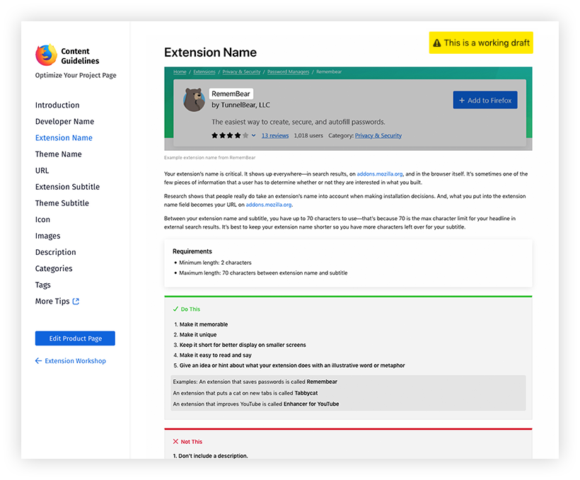 Screenshot of a sample draft content guidelines page for Extension Name. Includes the extension card for Remembear extension, examples of other successful extension names, a list of "Do's" and "Don'ts" and requirements.