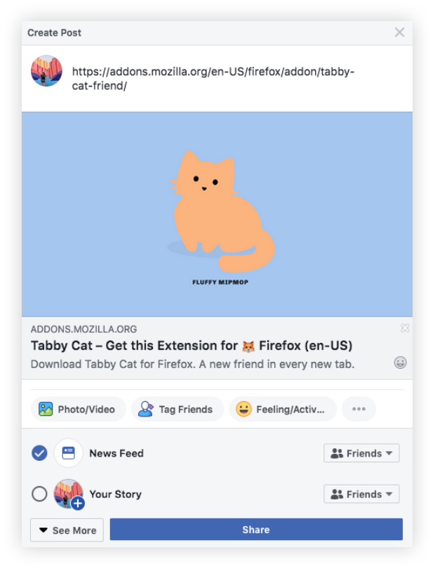 Sample Facebook share message for the extension, Tabby Cat. Includes a screenshot of a Tabby Cat new tab: it's blue with an orange kitty named "Fluffy MipMop." Beneath the image is the add-ons website URL, the title, "Tabby Cat—Get this Extension for (fox emoji) Firefox" and the line "Download Tabby Cat for Firefox. A new friend in every tab."