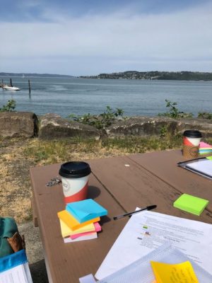 A picnic table overlooking the Puget Sound, with a coffee, a packet, and post-it notes on it