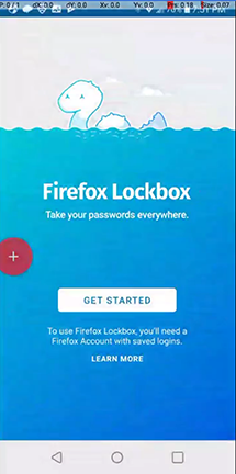 Firefox Lockbox app loader screen with screen recorder UI visible.
