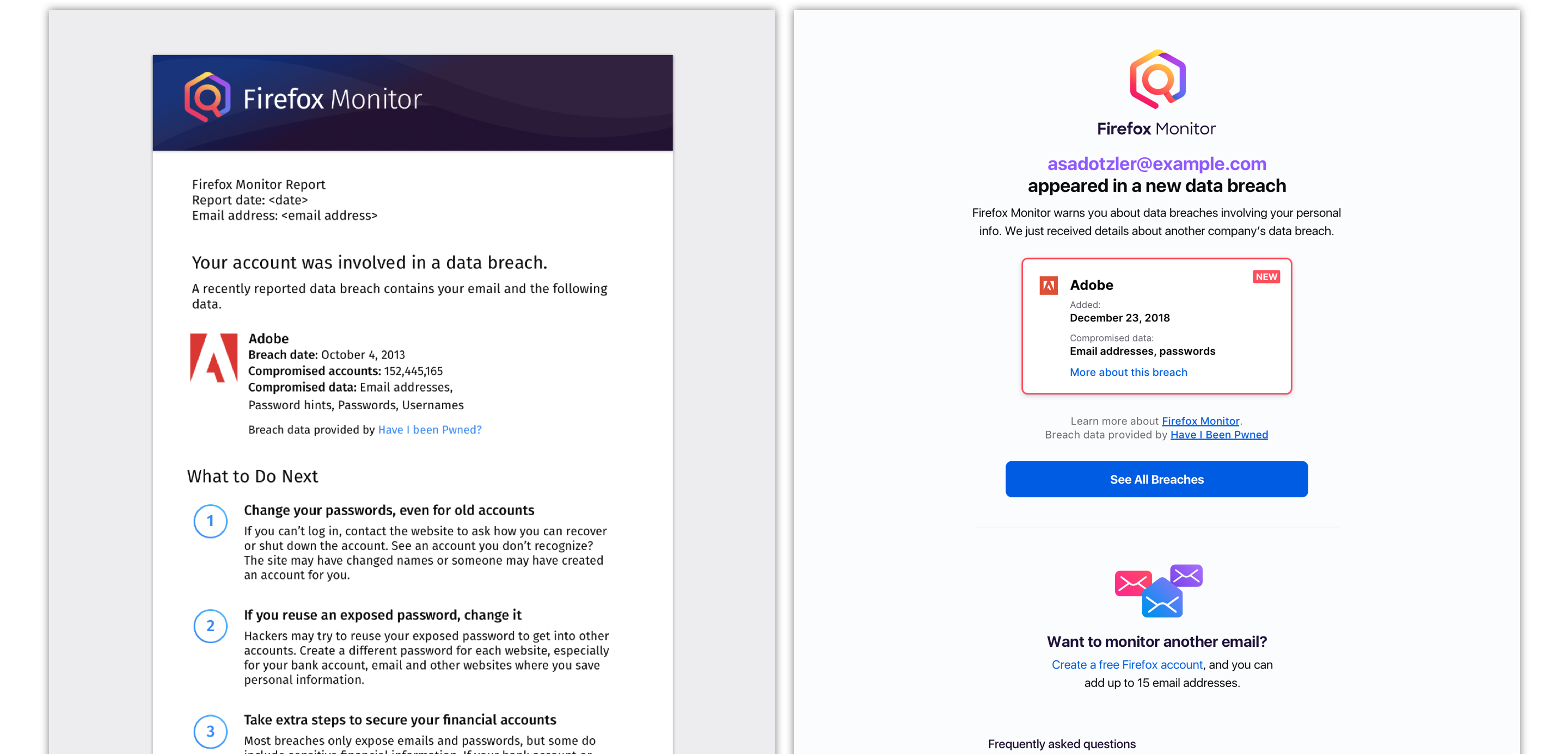 A side-by-side comparison of before and after of breach alert emails users receive.