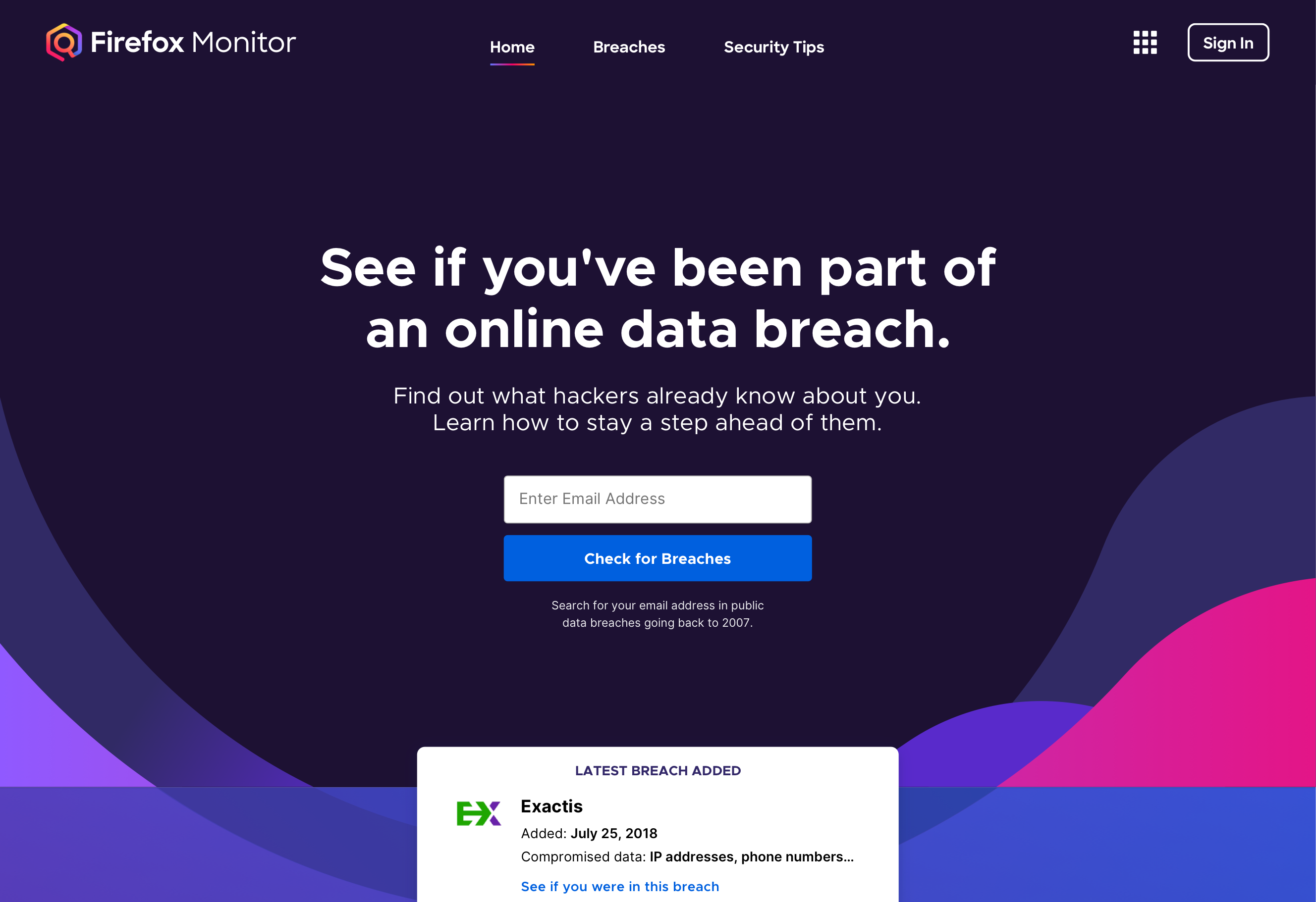 Screenshot of the desktop version of the Firefox Monitor website, which prompts users to enter their email address and check for breaches. 