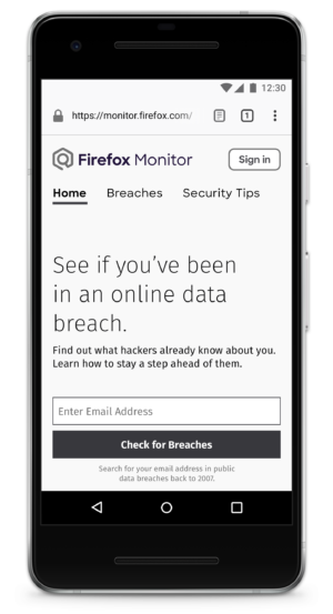 Mobile wireframe of the Firefox Monitor homepage. 