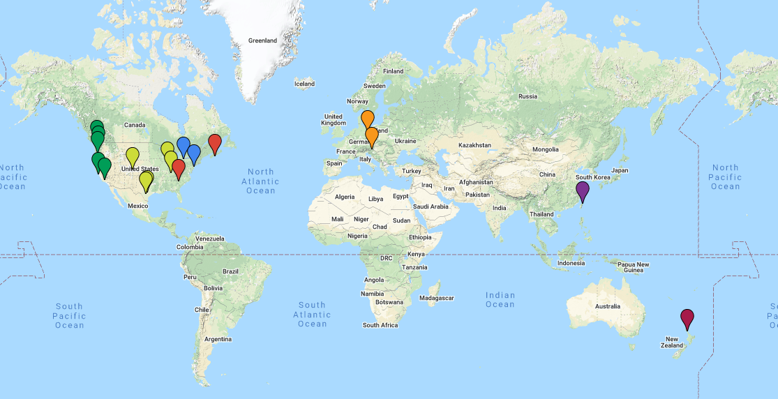 Map with pins of Firefox UX team members around the world.
