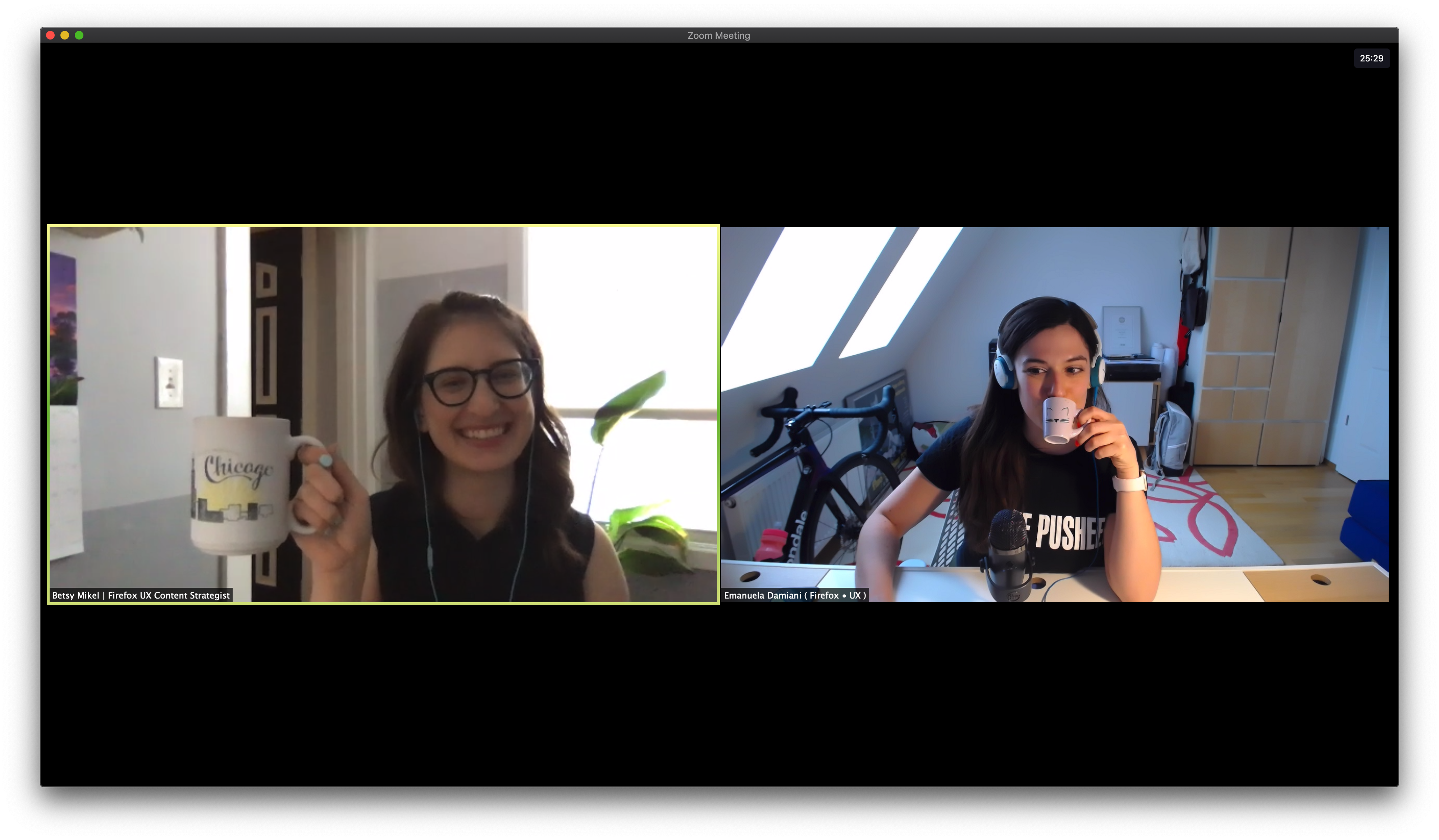 Screenshot of Zoom with Betsy and Emanuela, each holding coffee cups. 