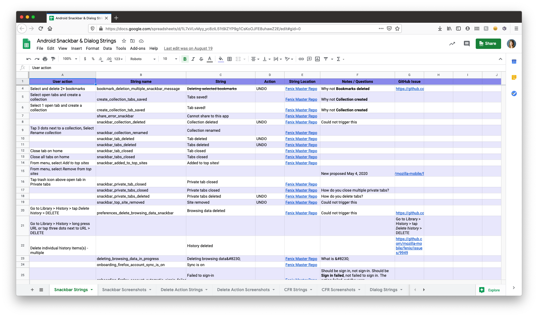 Screenshot of spreadsheet for organizing strings for the Firefox for Android app.