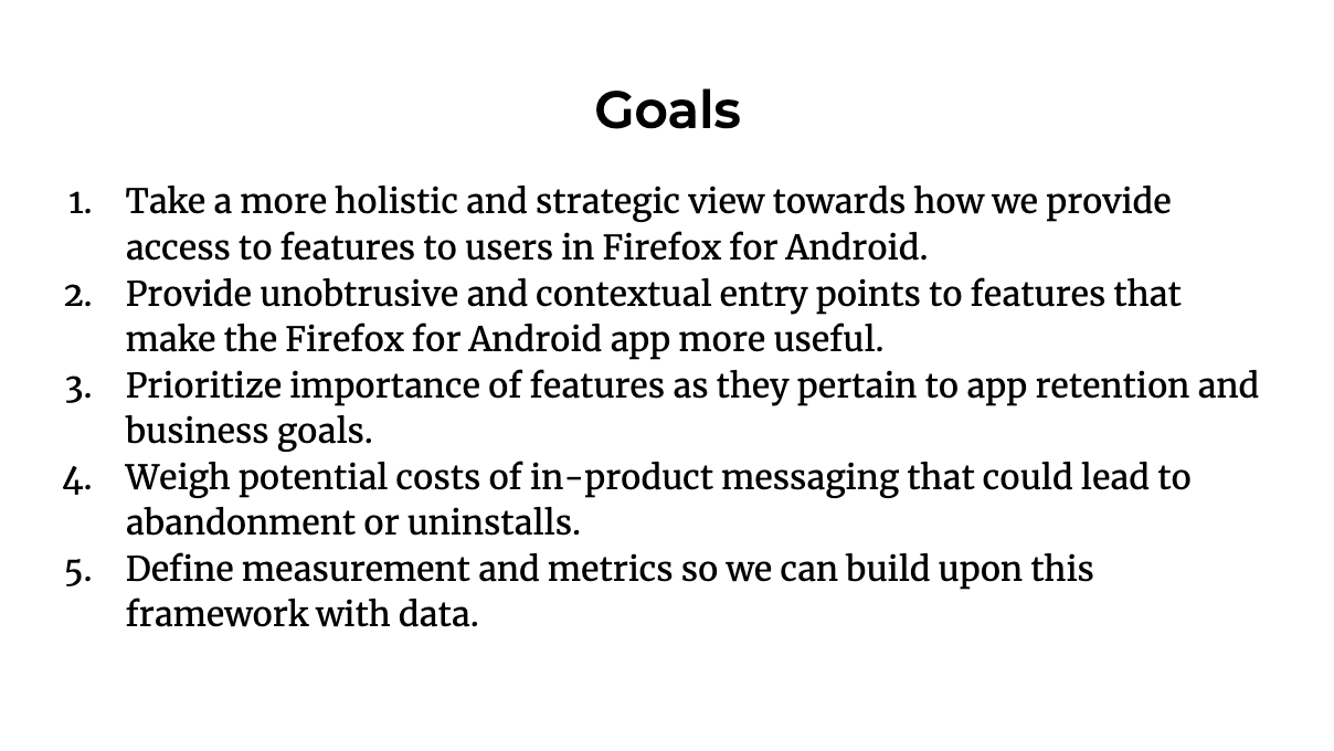 Bulleted list of 5 goals for the feature discoverability framework.