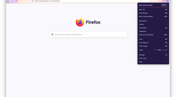Image of a Firefox browser window with the application menu opened on the right.