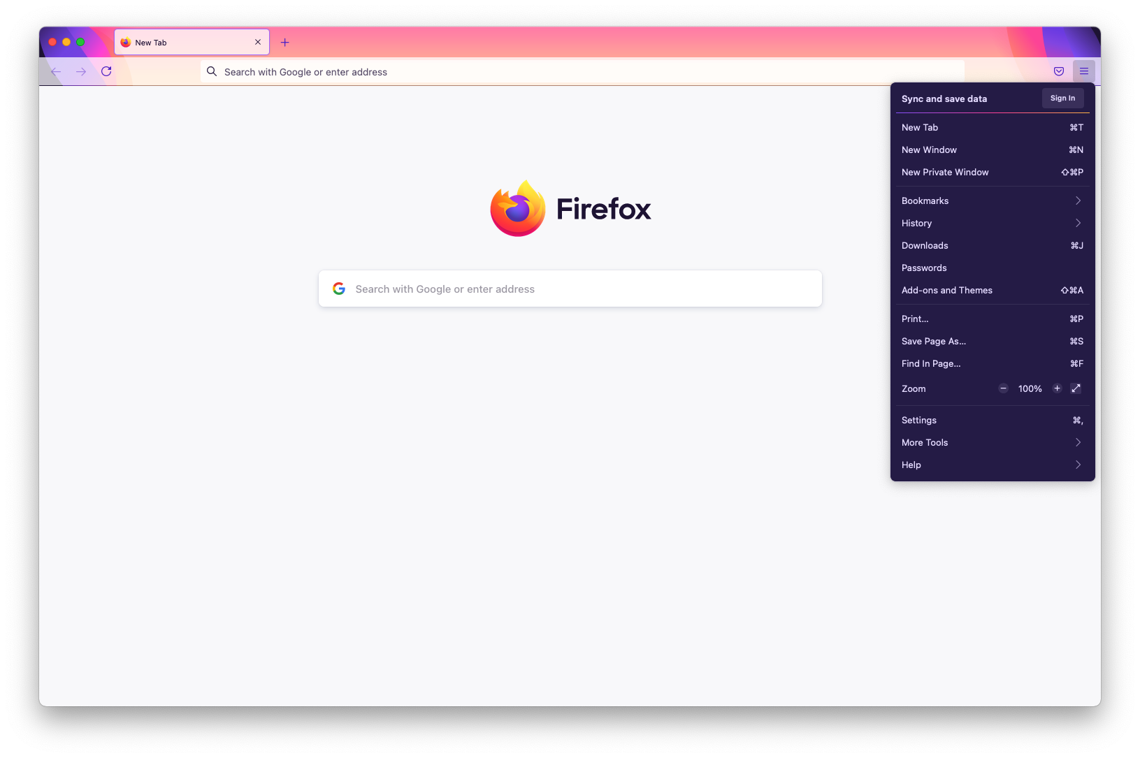 Image of a Firefox browser window with the application menu opened on the right.
