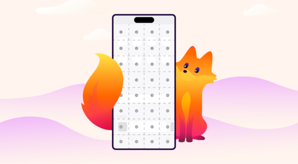 Kit the Firefox mascot holding a phone showing a grid with numbers used by voice access users