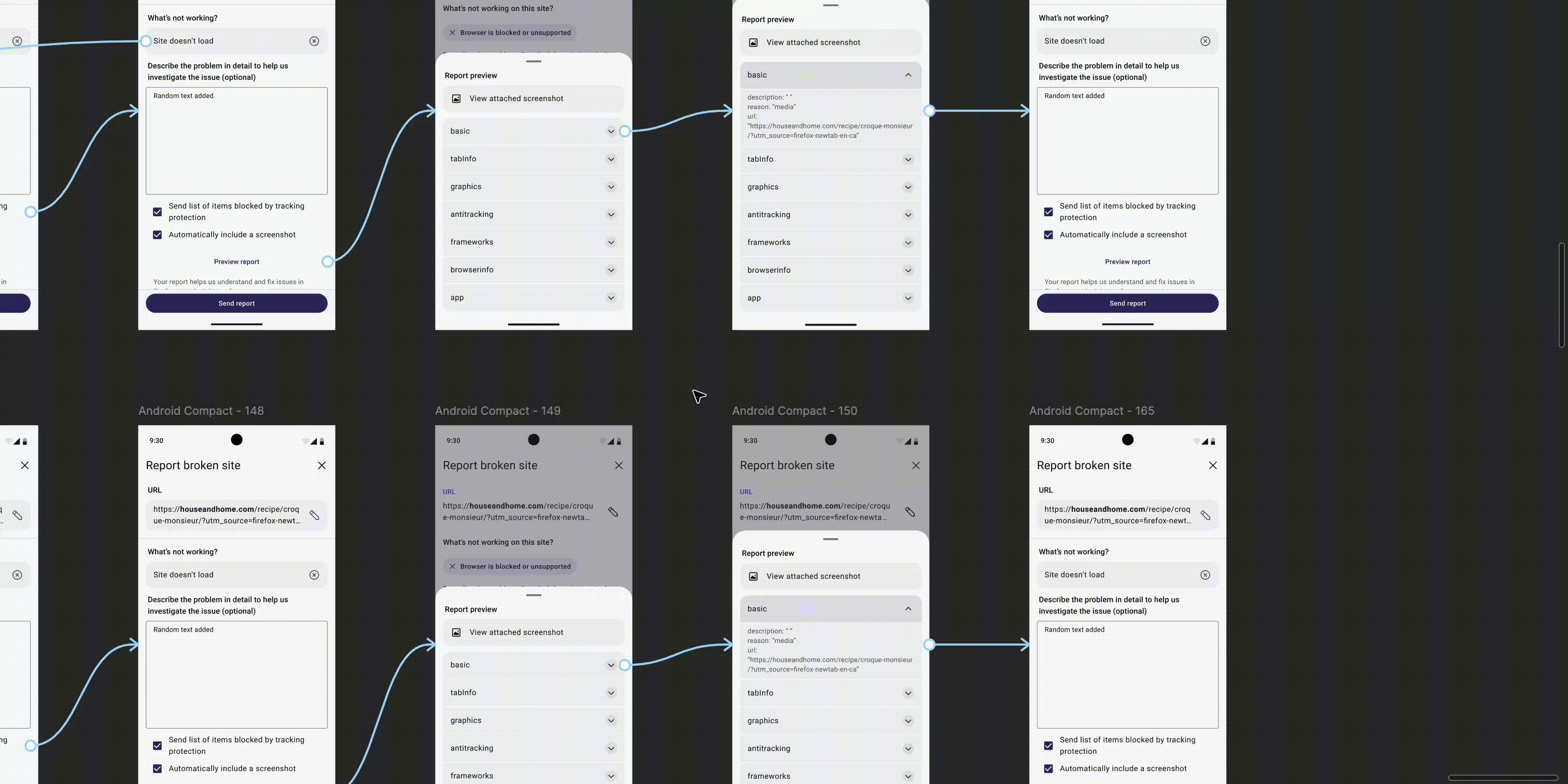 Animated GIF of a Figma prototype canvas with multiple Report Broken Site screens connected by numerous crisscrossing arrows, illustrating how manually wired prototype logic becomes tangled as complexity grows."