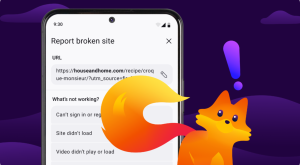 Firefox mascot illustration next to a phone screen displaying the Report Broken Site feature, with an exclamation mark, on a dark purple background.