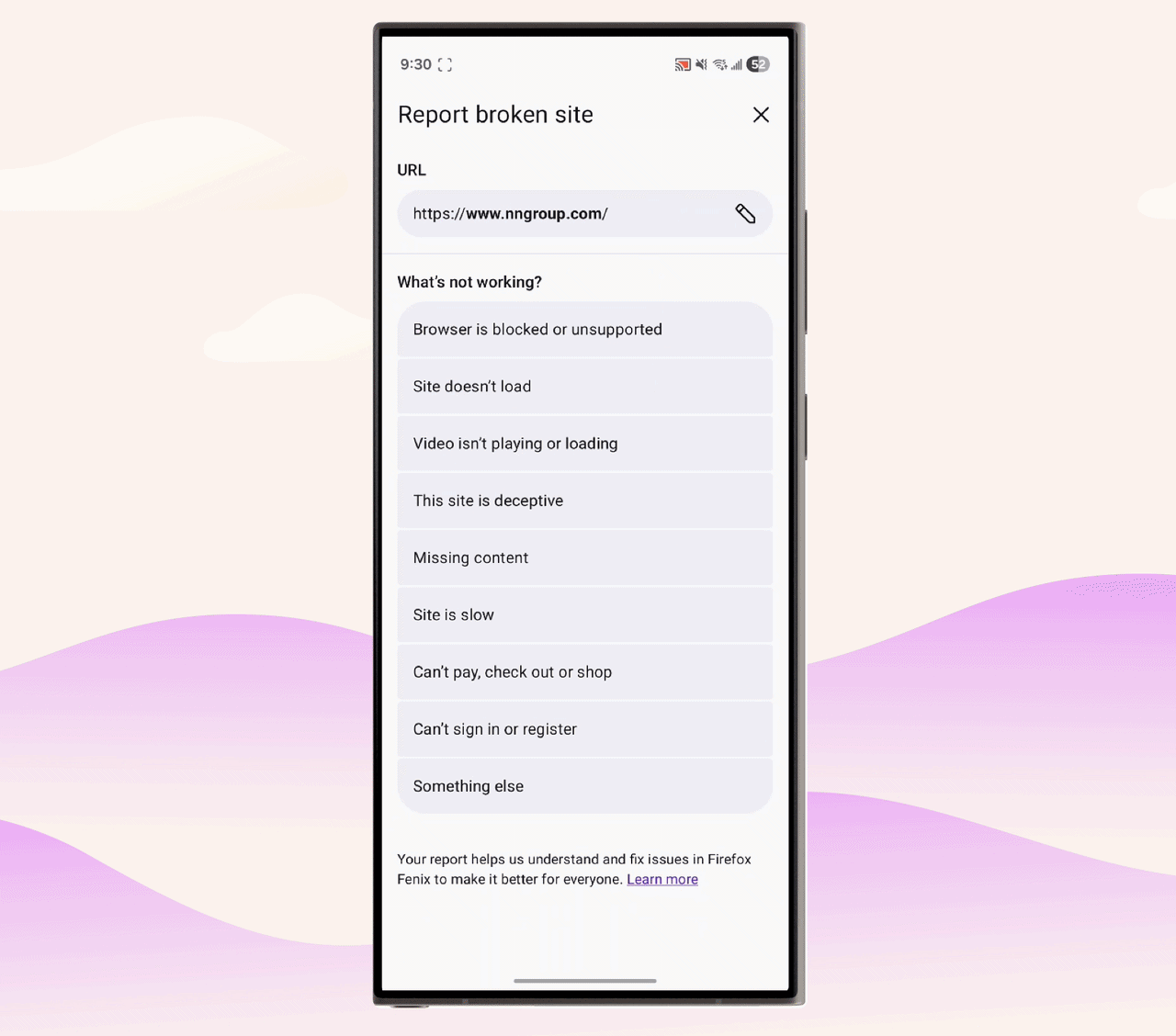 Screen recording on a real Android device of the Report Broken Site feature, showing the URL field and list of selectable issue types.