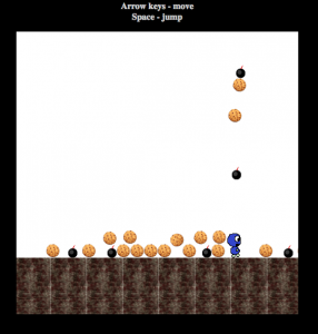 Screenshot of slay.js demo game showing a small blue character, cookies, and bombs.