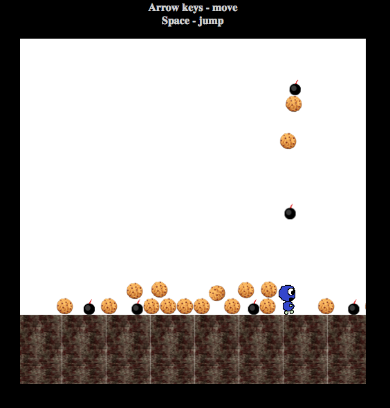 Screenshot of slay.js demo game showing a small blue character, cookies, and bombs.