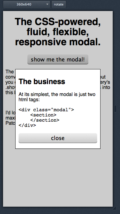 Screenshot of fancy modal popup in a small mobile resolution.