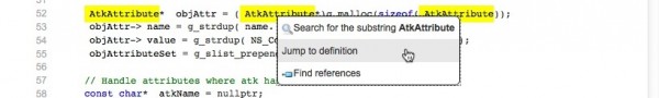 DXR viewing a syntax-highlit file, with a context menu open offering to jump to a definition of AtkAttribute