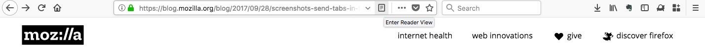 A screen shot of where you can find the reader view icon in the address bar.