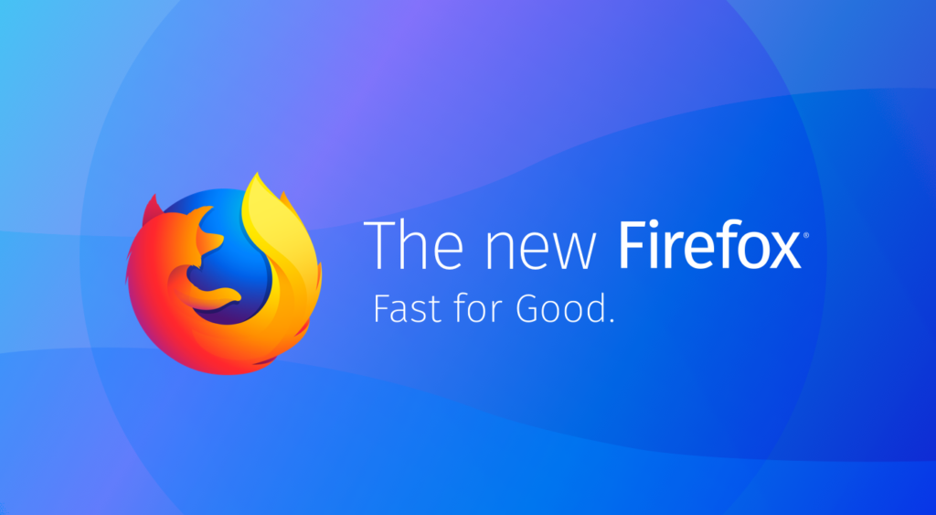 The firefox logo on an abstract background in different shades of blue. Text: The new Firefox. Fast for Good