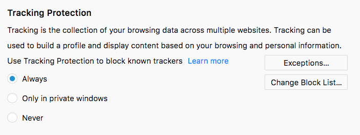 Tracking protection preferences