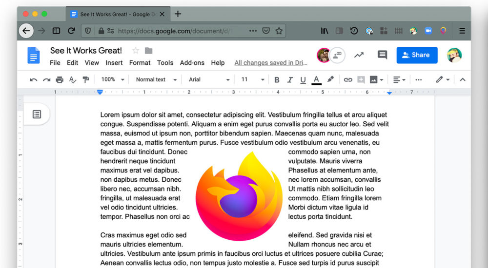 The Firefox logo is seen at the center of a Google Docs text document.