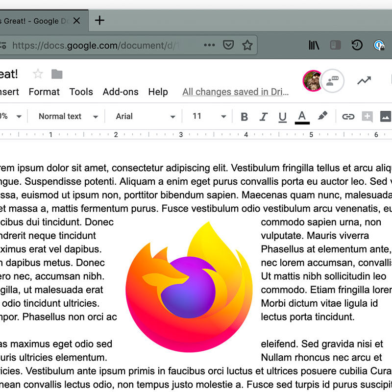 The Firefox logo is seen at the center of a Google Docs text document.