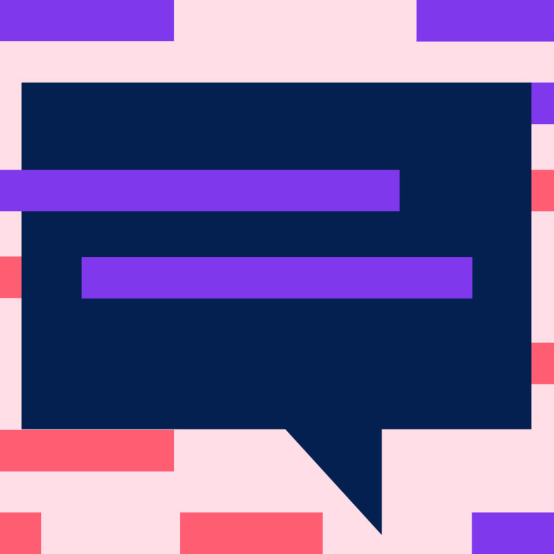A dark blue speech bubble with horizontal purple and red bars on a pink background.