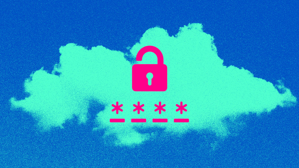 An illustration shows a padlock icon over four asterisks. A cloud is in the background.