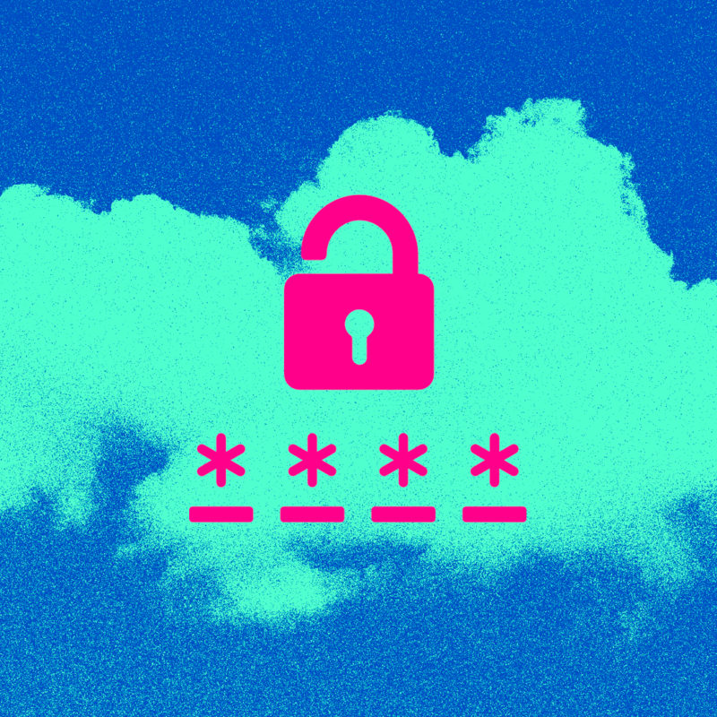 An illustration shows a padlock icon over four asterisks. A cloud is in the background.