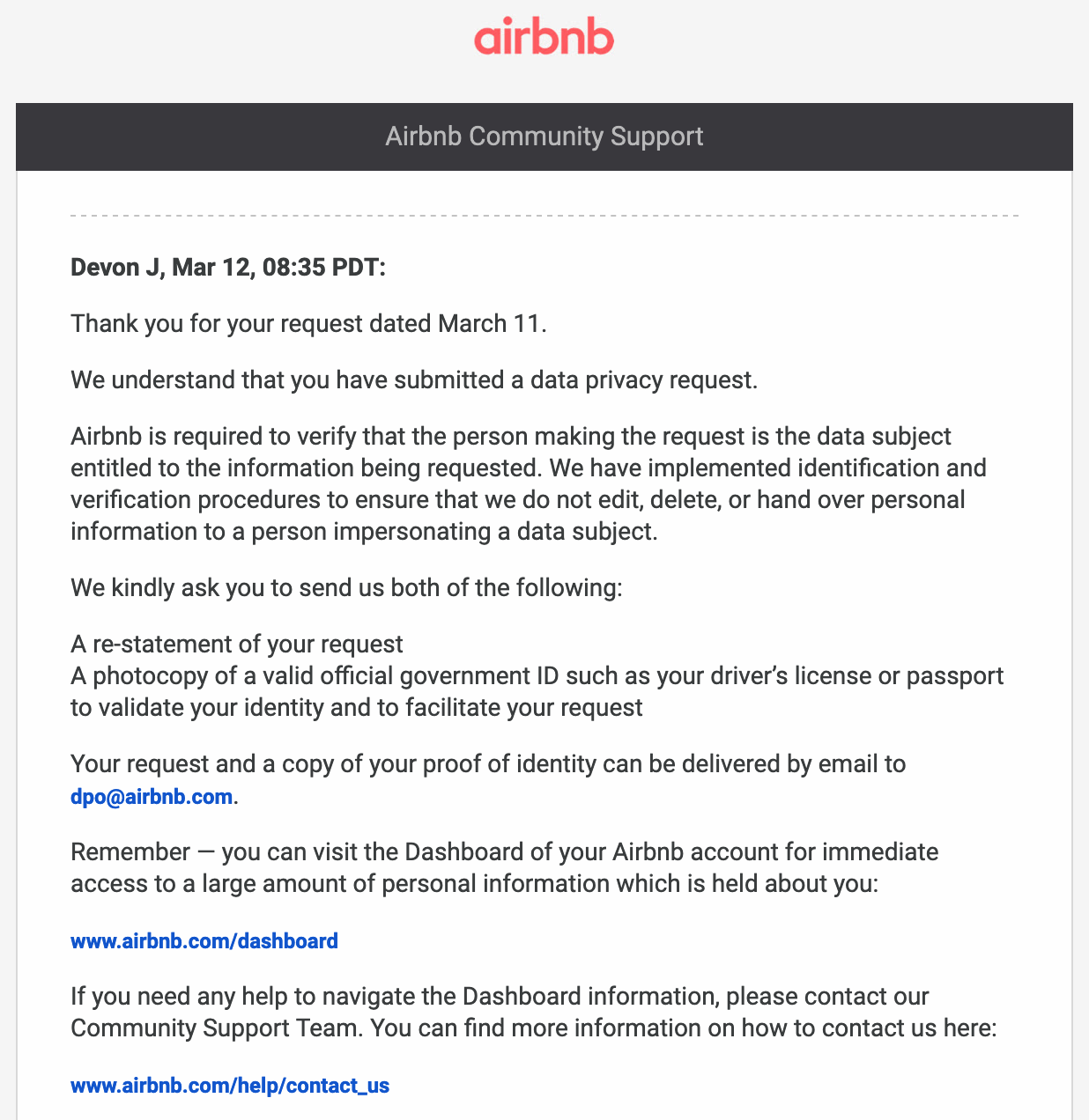 Airbnb Data Privacy Request Letter